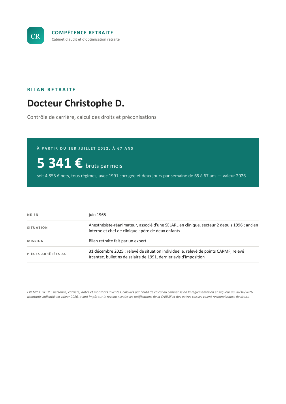 Page de couverture du bilan fictif de Docteur Christophe D. : 5 341 € bruts par mois à partir du 1er juillet 2032
